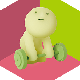 a graphic of a light green smiski toy in the shape of a person lifting a green bar with a purple, pink, and green background