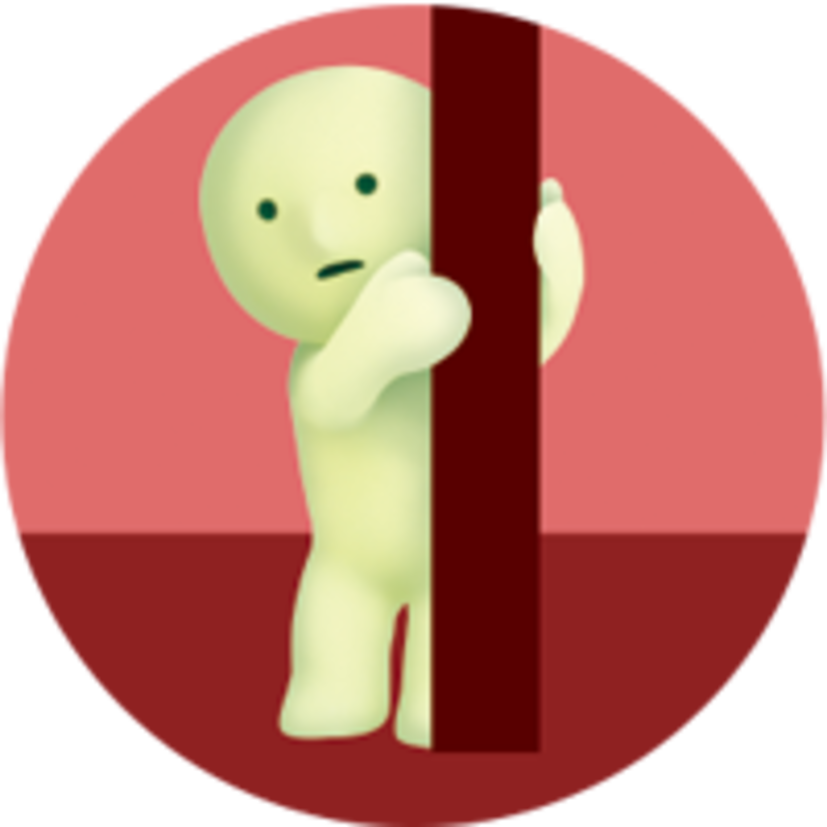 a graphic of a light green smiski toy in the shape of a person hiding behind a red pole with a pink background