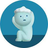 a graphic of a light blue smiski toy in the shape of a person shampooing its head with a blue background