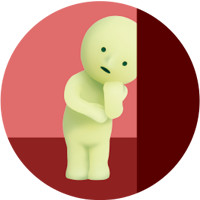 a graphic of a light green smiski toy in the shape of a person standing and leaning its head against a red wall